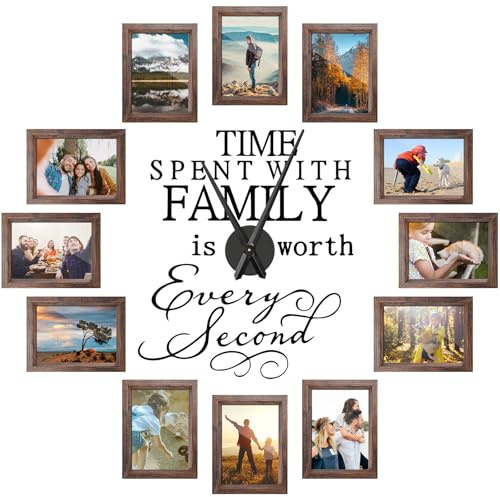 Briwooody Family Photo Clock Frame Wall Decor for Living Room, Family Picture Frame Clock Wall Art, Happy Mother's Day Mom Birthday Gifts, Room Decor(5 x 7 Inch,Brown)