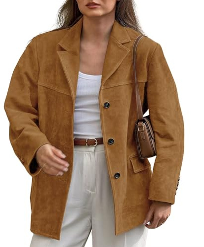 loveimgs Women Retro Brown Faux Suede Jacket Leather Blazer Coat Old Money Aesthetic Fall Jacket Bomber Y2k Oversized, Tan, Medium