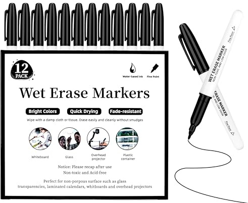 YUNAI Whiteboard Pens, 12PCS Black White Board Markers Erasable, Wet Erase Whiteboard Markers for Teacher Supplies, Thin Bullet Tip White Board Pens for Office, Schools, Home
