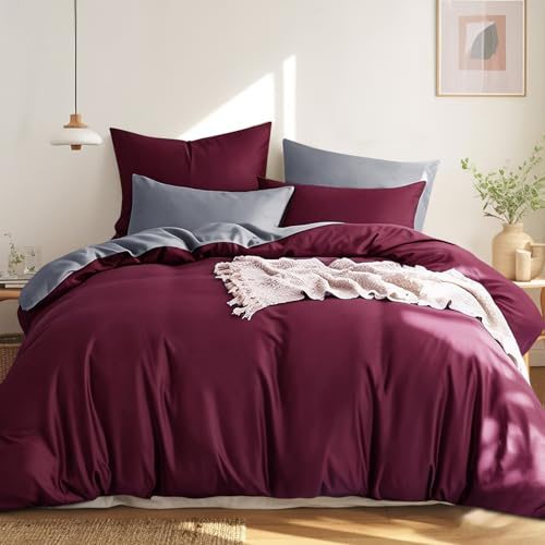 RUIKASI Bettwäsche 220x240 Baumwolle Rot - Bettwäsche-Sets 220x240cm 3teilig Wendebettwäsche 3tlg mit Reißverschluss, zweifarbige Bettbezug Set Burgunderrot und Grau Cotton