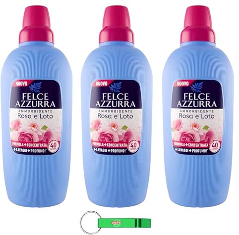 Felce Azzurra Ammorbidente Lot de 3 adoucissants liquides avec rose et lotus Parfum incomparable 40 lavages 2 l + porte-clés Beni Culinari