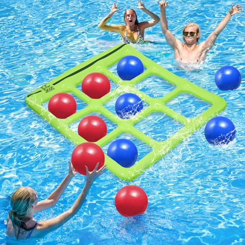 TicTac Shot Pool Toys Games Set- Tic-Tac-Toe Inflatable Pool Toy with 10 Balls - for Adults Teens Kids 2-10 Players