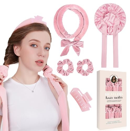 5 Pcs Ferro Arricciacapelli Senza Calore, Bigodini per Styling Capelli, Set di Bigodini per Capelli e Cuffia,Fascia Morbida Curler Arricciacapelli per Capelli Medi Lunghi-Rosa