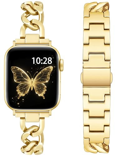 Ocaer Compatible with Apple Watch Straps 44mm 45mm 46mm 49mm 42mm, Thin Metal Chain Band for iWatch Series 11 10 9 8 7 6 5 4 Ultra SE 3 2 1, Slim Apple Watch Bracelet Strap for Women Lady(gold)