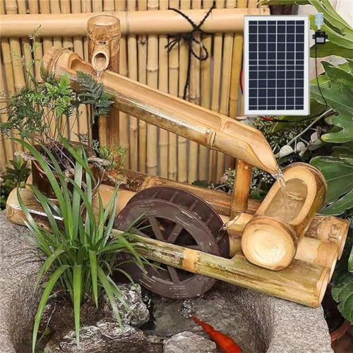 Solar Bamboo Fountain Kit - Feng Shui Zen Water Wheel Outdoor Freestanding Garden Feature with Pump