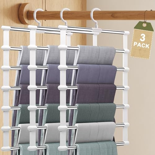 Trouser Hangers Space Saving 3 Pack Coat Hangers for Trousers, Multi-Functional Closet Organizer for Pants Jeans Scarf Towels Leggings