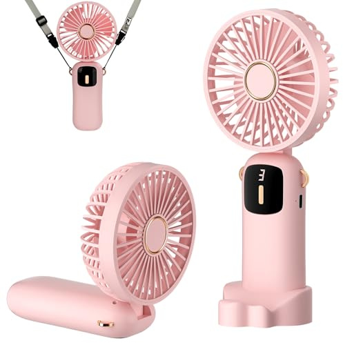 HUAXITRA Hand held Fan, Mini Portable Fan Handheld Fan with 5 Speeds, 180°Adjustable Mini Fan Hand Held Fans Foldable Desk Desktop Fans with Smart Display for Home Office Bedroom Outdoor (Pink)