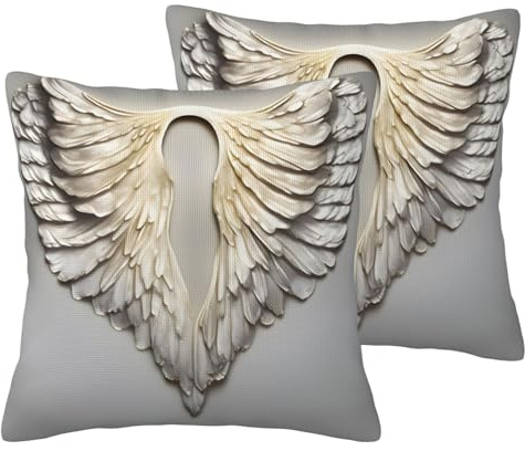 BREAUX Juego de 2 fundas de almohada con aspecto de lino con estampado de alas de ángel, fundas de cojín decorativas para sofá, cama, sala de estar