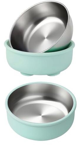 BUERPINKING Katzenschüssel, 2 Stück Katzennapf, Edelstahl Silikon Katzenfressnapf, Katzen Napfset with Suction Cup Anti-Slip, Katzenschüssel für Katze Kleine Hunde (Morandi-Grün)