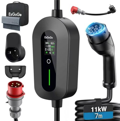 EzGoGo Mobile Wallbox 11 kW 7 m, 6-16 A mit CEE‑Stecker | Ladekabel Auto CEE 16A auf Typ 2 Ladekabel, Einstellbare Leistung & Ladezeit, IP65 Wasserdicht, EV-Charger Für EVs & PHEVs