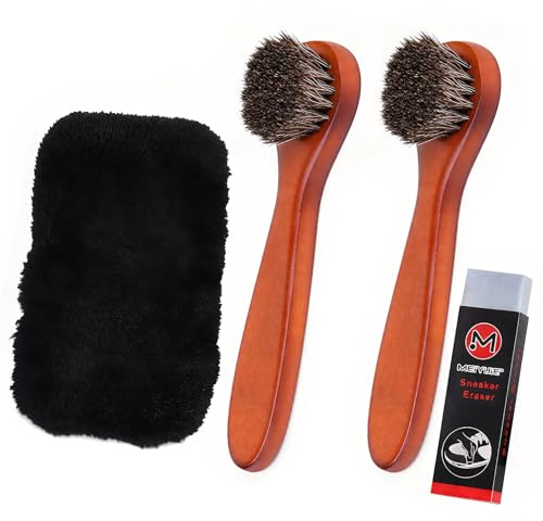 2 Pezzi Spazzola per Scarpe, Spazzola per Capelli di Cavallo con Guanto Lucidante e Gomma, Kit Pulizia Scarpe Durevole Efficace, Spazzola Setole Morbide per Lucido Camoscio Scamosciata