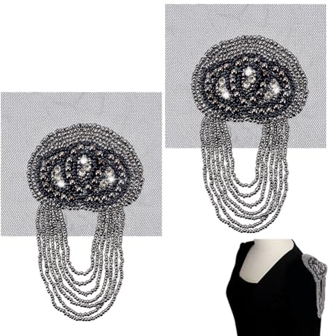AHANDMAKER 2Pcs Rhinestone Beaded Shoulder Epaulets, Black Tassel Fringe Epaulettes Metal Decorative Shoulder Brooches for Stage Costume Halloween Christmas Party Theater Cosplay Uniform Accessories