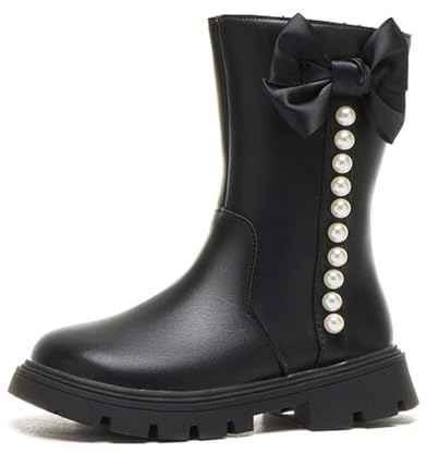 Generisch Botas de invierno para niña, botas de invierno elegantes, botas de cuero con lazo y perlas, botines lisos, botas de equitación básicas, cómodas botas para niños, Negro , 29.5 EU