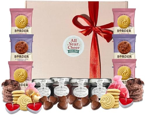 All Year Cheer Valentine’s Gift Box for Her or Him – Luxury Biscuit, Chocolate & Jam Hamper with Heart Candles – Thoughtful Romantic Food Gift for Couples, Friends & Family