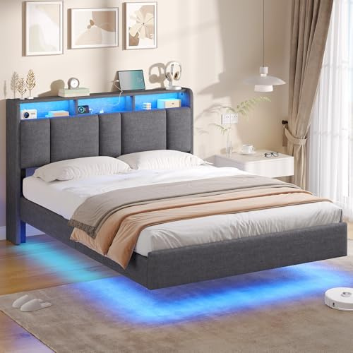 AOGLLATI Polsterbett 140x200cm, Bett 140x200 mit LED Beleuchtung und Ladestation, Schwebebett mit Kopfteil, Lattenrost aus Metall, Leichte Montage, Doppelbett, Leinen, Dunkelgrau (ohne Matratze)