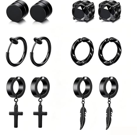 Hinvan 6 par starka magnetiska örhängen i rostfritt stål för män pojkar flickor barn guld kors fjäder ring falska icke-piercade clip-on örhängen kvinnor silver öra manschett svart allergivänlig, Små