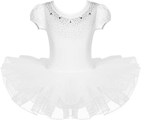 TiaoBug Kinder Ballettkleidung - 3 Modells - Mädchen Ballettkleid Kurzarm Ballettanzug mit Ballett Tutu Tütü und Innenslip Shorts Kostüm Outfit Gr.92-128 Weiß mit Strasssteine 122-128