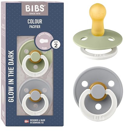 BIBS Colour Glow Schnuller 2er-Pack, BPA-frei. Leuchtet im Dunkeln, Kirschform Nippel. Naturkautschuk/Latex, Hergestellt in Dänemark. Größe 2 | 6+ Monate | 2-Pack, Sage NIGHT/Cloud NIGHT