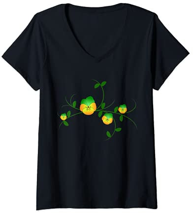 Damen Stiefmütterchen gelb Blumenranke Blume floral Blüte blumig T-Shirt mit V-Ausschnitt