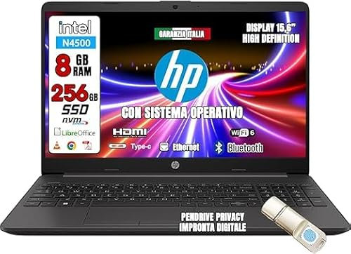 HP 250 G10 Notebook portatile, Cpu Intel N100 4Core fino a 3,4 GHz, Ram 8GB, SSD 256Gb, Display FullHD 15.6, tastiera retroilluminata, Win 11 Pro, 3 anni di garanzia, pronto All'uso, Italia