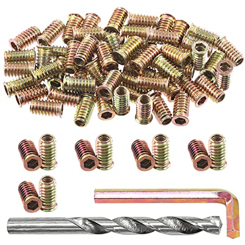 Swpeet 60Pcs 5/16” - 18 x 12mm Carbon Steel Color Zinc Plated Wood Inserts and 11mm Twist Drill with 1Pcs Wrench Assortment Kit, Bolt Furniture Screw in Nut Threaded Hex Socket Drive