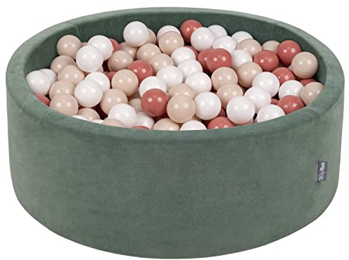 KiddyMoon Rund Bällebad Velvet Bällepool 90X30cm/200 Bälle ∅ 7Cm Ballgruben Für Babys Spielbad Kleinkinder, Hergestellt In Der EU, Waldgrün: Pastellbeige/Lachsfarben/Weiß