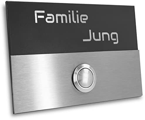 Jung Edelstahl Design - Edelstahl Türklingel Liverpool Aufputz oder Unterputz - 12X8 cm mit LED Drucktaster - Klingel aus V2A Edelstahl anthrazit pulverbeschichtet - Haustürklingel Gravur (ohne LED)