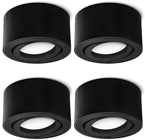 SSC-LUXon CELI-1B Aufbauspot 4x schwarz flach schwenkbar | Vier flache Aufbaustrahler schwarz gebürstet rund für Wohn- & Essbereich - 30° schwenkbar, nur 50mm hoch (ohne Leuchtmittel)