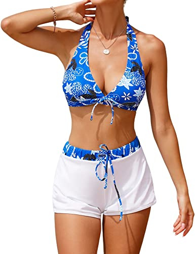 Vancavoo Halterbaddräkt för kvinnor, två delar, bikiniset, halterneck topp med elastiska bälteshorts plus size push-up vadderade badkläder sport baddräkt, E5-blomma, XXL
