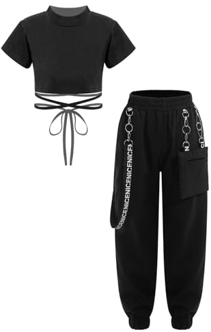 Freebily Träningsoverall för flicka flicka konstnärlig gymnastik jumpsuit street dansklänning jazz hiphop crop danstoppar kortärmad t-shirt sportbyxor, Svart, 11-12 anni