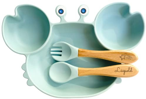 Ensemble repas complet pour enfant avec assiette à ventouse, couverts personnalisés - Idéal pour baptême et naissance - Cadeau original pour bébé - Kit coffret diner pratique et élégant (Bleu Ciel)