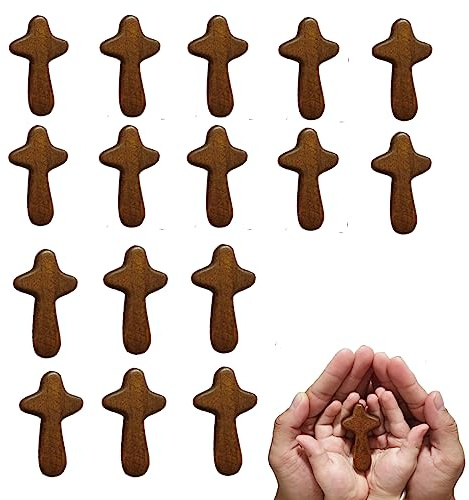 EAEDMY 16 Pieces Small Hand Held Crosses, Portable Pine Wooden Holding Cross, Jesus Cross Prayer Cross for Religious Occasion or Communion, 2.44in (16pcs brown)