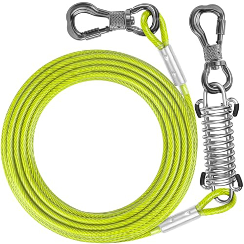 Tresbro 15 FT Dog Tie Out Cable with Spring, Shock Absorbing Tether Chains for Outside Aavilable in 10/15/20/25/30/40/50/70/100/120 FT, Heavy Duty Leads for Yard for Medium & Large Dogs Up to 500 LBS