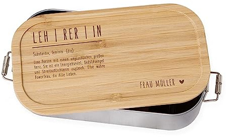 Personalisierte Lunchbox für Erzieherin, Lehrerin mit individueller Gravur - Brotdose mit Bambusdeckel als Dankeschön - Geschenk zum Abschied, Schulende