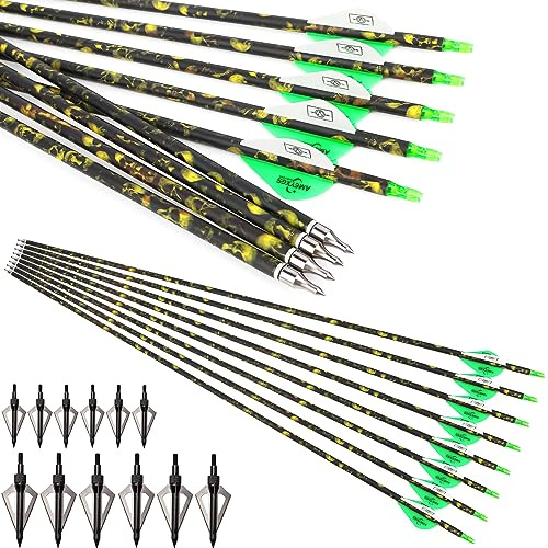 surwolf 31 Zoll Bogenschießen Carbonpfeil Praxis Jagdpfeile Spine 500 mit abnehmbaren Spitzen Zielpfeile für Compound & Recurve & Langbogen 6/12 Stück (12 x Pfeile + 12 x Breitspitzen)