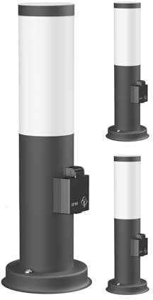 ledscom.de 3 Stück Pollerleuchte PORU mit Steckdose für außen, anthrazit, 39 cm, inkl. E27 Lampe, Energieeffizienzklasse A, (warmweiß, 4W, 935lm)