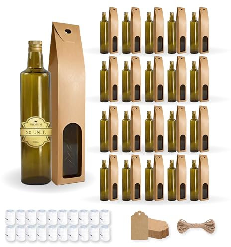 Espirito Rebelde - 20 botellas de vidrio oscuro 500 ml con tapón de rosca dorado + 20 cajas + 20 sellos + 20 etiquetas Kraft + cuerda - aceite de oliva, vinagre, alcohol, salsas - aceitera