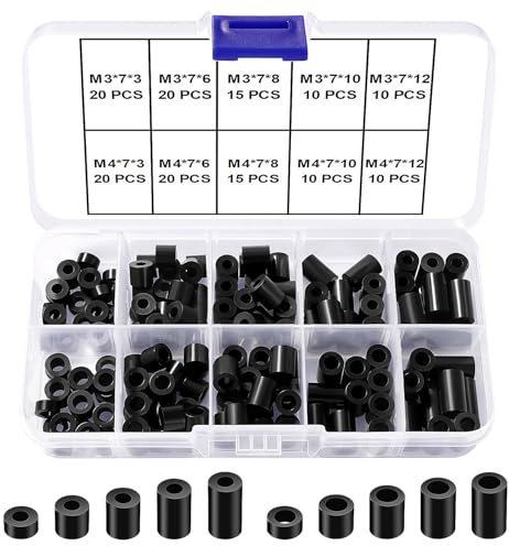 YIXISI 150 Stücke Kunststoff Rund Abstandshalter Kit, für M3 / M4 Schrauben, Distanzscheiben Ohne Gewinde Säulen, OD 7mm, Schwarz