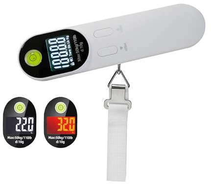 Charmline Tragbare Kofferwaage Digital mit Haken, Gepäckwaage mit Integrierter Wasserwaage und Tara-Funktion, Reise Gadgets, Kofferwaage für Reisen bis 50kg, Weiß