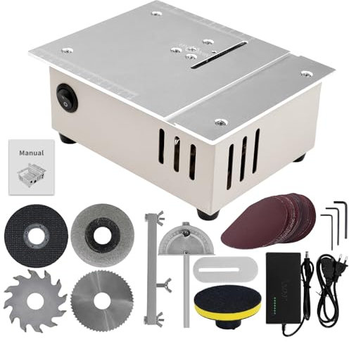 TICFOX Mini sega circolare da banco con 4 lame,sega circolare multifunzione a doppio motore/96W 7 Livelli/arresto angolare 0-90°/sega da tavolo di precisione regolabile per legno,modellismo