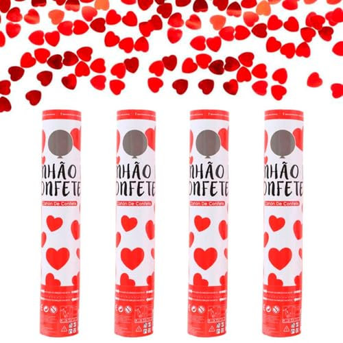 Acan Tradineur - Pack de 4 cañones de Confeti de Aire comprimido, Popper, Cracker de Confetti, cumpleaños, Bodas, Fiestas, Celebraciones (Corazones - 30 cm)