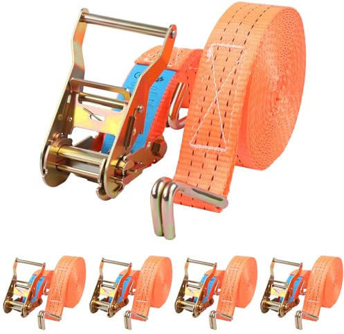 Sleeleece 4 Stück Spanngurte mit Ratsche und Haken - 6m 2000kg 38mm - Ratschen Set - Ratschengurt 2 Teilig - Zurrgurt Orange - 2000 daN 2t - TÜV/GS Geprüft und gemäß DIN EN 12195-2