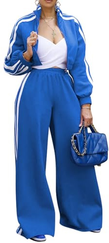 Akmipoem Women Sweat Suits 2 Piece Set Stripes Long Sleeve Zip Up Jacket Wide Leg Pants Tracksuit Outfit Blue M