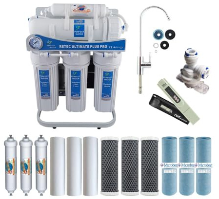 RETEC Ultimate PLUS PRO Umkehrosmoseanlage 800 GPD – Komplettset inkl. Edelstahl Wasserhahn, Filterset, TDS Messgerät & Leckageschutz – Direct Flow ohne Tank, 24V System
