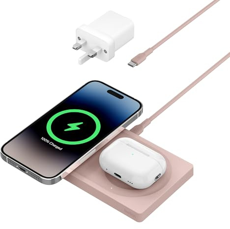 Belkin BoostCharge Pro 2-in-1 MagSafe Charger, Wireless Charging Pad with 15W, iPhone fast charger compatible with iPhone 16, 15, 14, 13, 12 Series, AirPods, and other MagSafe enabled devices - Pink