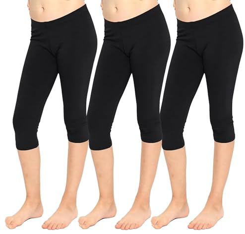 Crazy Chick® Girls Pack of 3 Cropped 3/4 Length Cotton Pants, Kids Casual Wear Plain Non See Through Sport Gym Yoga Cycling Trouser Capri Leggings UK 1-13 Years, (Black - Pack of 3-9-10 Years)