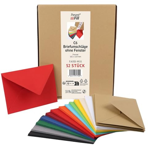 PresentFill 52 x Briefumschläge Bunt Mix (4 x 13 Farben) C6-162 x 114 mm ohne Fenster I 100% Recycling Kraftpapier I 120 g/m² stark I Blauer Engel zertifiziert I Made in Germany