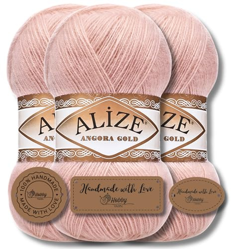 Hobby YARN 3x Etikettenlabel mit Alize Angora Gold Wolle Premium 3x100g als Set, Yarn, Garn, Dünne Mohair aus Schurwolle, Uni, Einfarbig, Strickgarn (161)