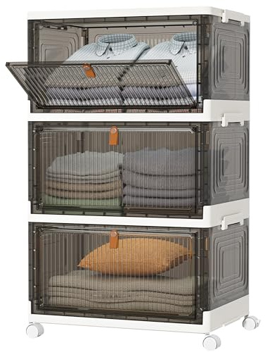 HOMIDEC Wardrobe Storage Organiser with Wheels & Magnetic Doors 33L*3 Tiers | Foldable Stackable Plastic Drawers for Wardrobe/Clothes/Toys, Dustproof Water-resistant Storage Cabinet for Bathroom/Bedroom