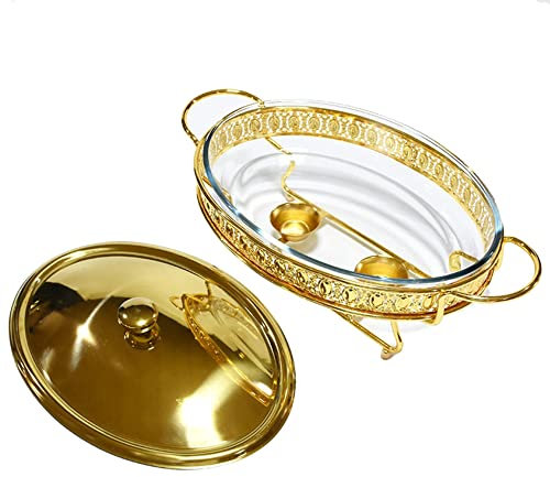 WOTZOV Juego de Buffet con Plato Caliente, Calentadores de Comida de Vidrio para Catering con bandejas, Soporte para Combustible, Tapa y Base para Bodas, Fiestas y Banquetes.，1.5L